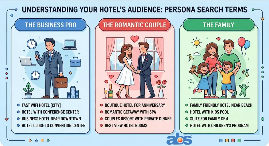 Infographic identifying hotel guest personas and example search terms for Business Pro, Romantic Couple, and Family.