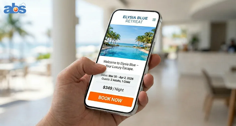 Close-up of a smartphone screen in a resort setting, with a large 'BOOK NOW' button prominently visible.