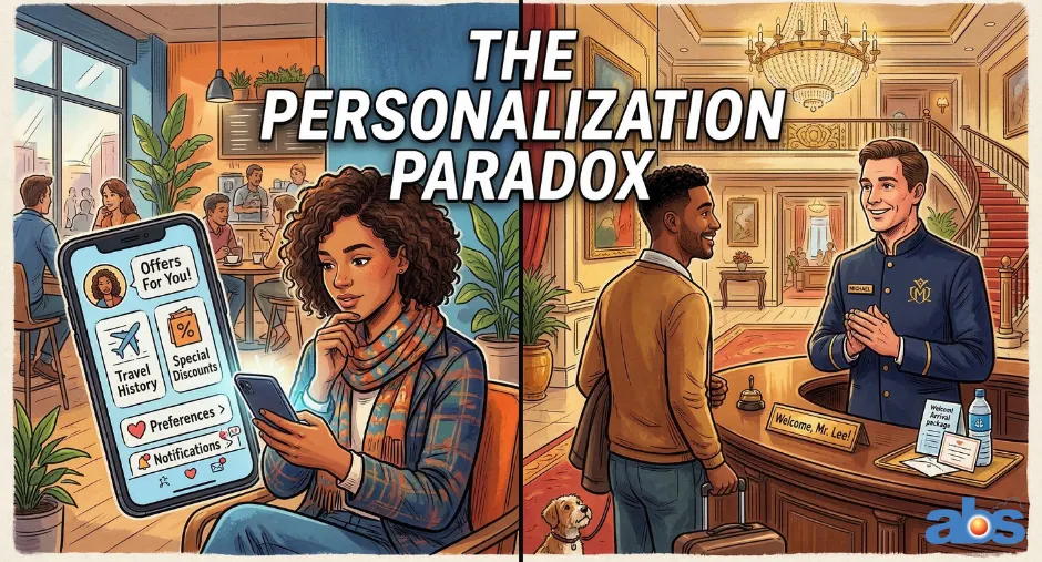 A split-screen illustration titled 'The Personalization Paradox' showing a hotel guest interacting with personalized travel offers on her smartphone on the left, and receiving a warm, personalized greeting from a concierge at a luxury hotel front desk on the right.