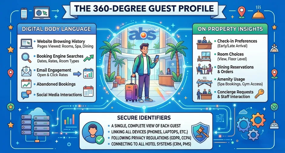 An infographic titled 'The 360-Degree Guest Profile' illustrating how hotels use first-party data. It features a central guest surrounded by three context boxes: Digital Body Language (website and email tracking), On-Property Insights (guest preferences and dining habits), and Secure Identifiers (privacy-compliant CRM and PMS integration).