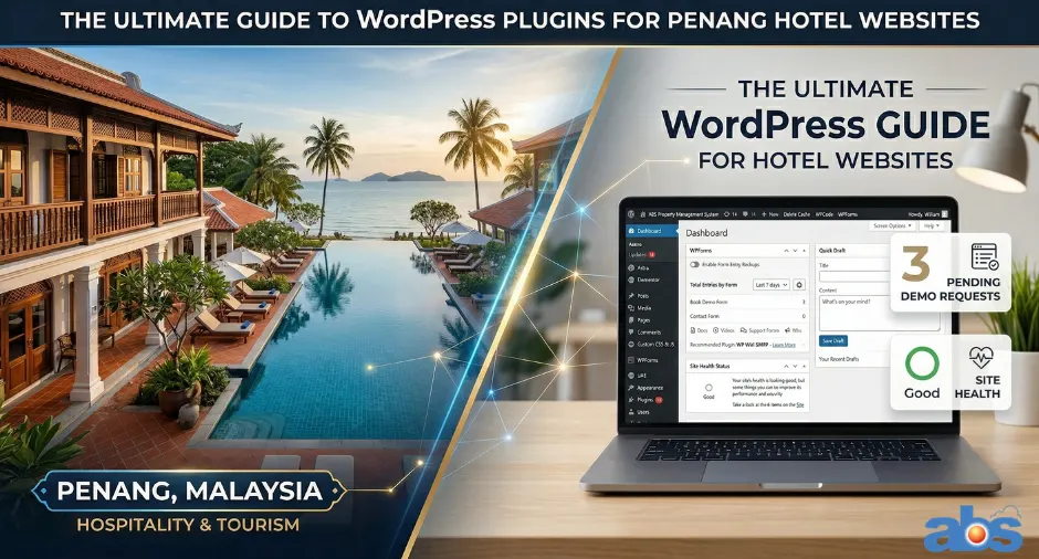 A split-screen graphic of a Penang luxury resort and a laptop displaying a WordPress analytics dashboard.
