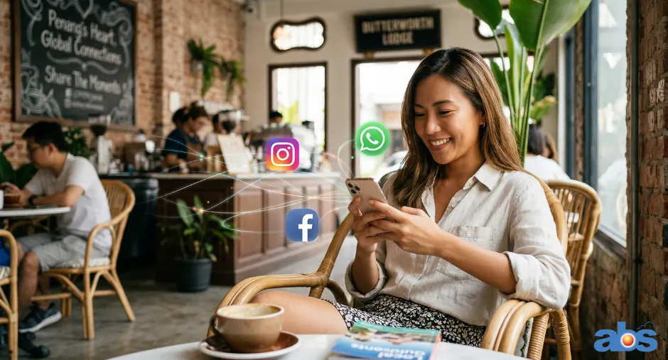 A woman in a Penang cafe using a smartphone with floating Instagram, WhatsApp, and Facebook icons.