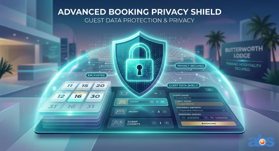 A glowing digital shield and padlock overlaying a hotel booking calendar to represent guest data protection.