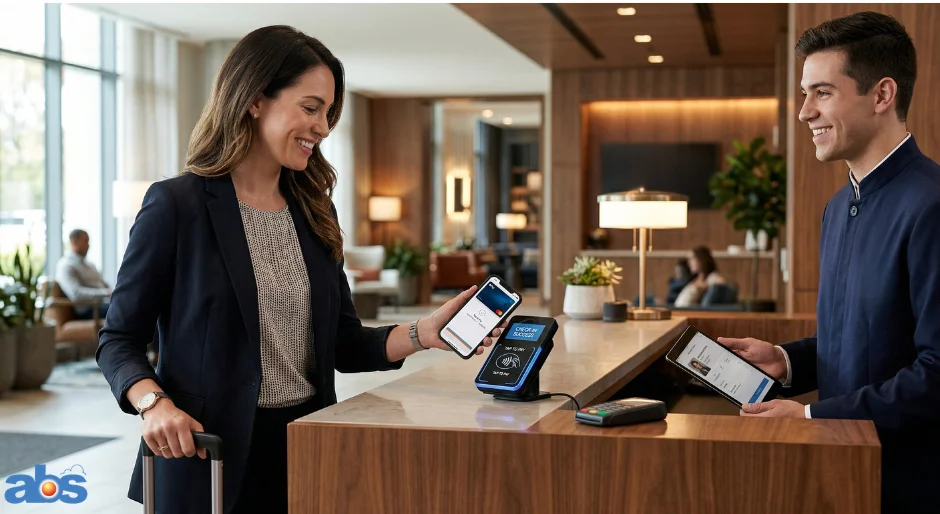 Guest using contactless tap-to-pay hotel payment system at front desk