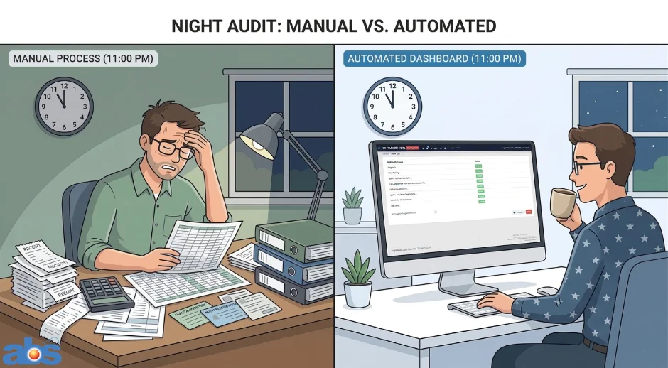 Comparison of manual hotel payment reconciliation vs integrated PMS payment software dashboard