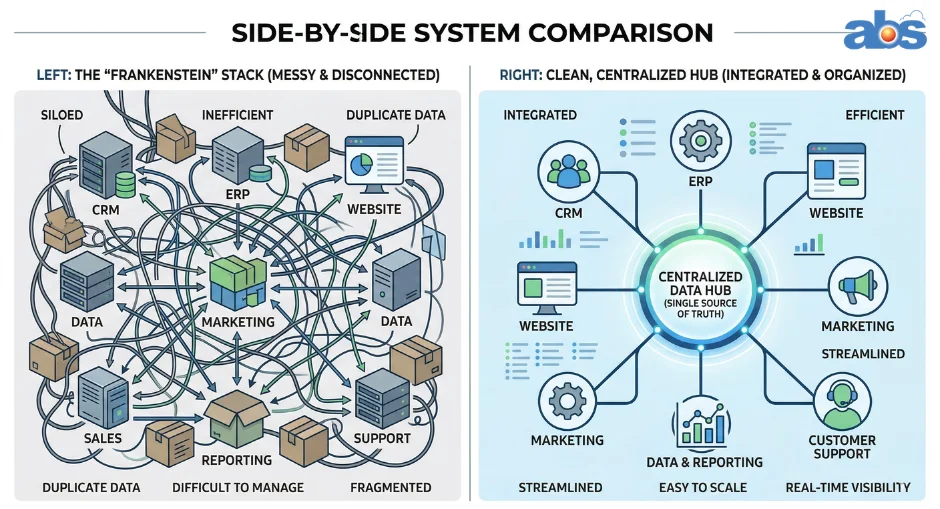 Diagram showing the chaotic integrations of a legacy PMS versus the streamlined architecture of a unified hotel platform.