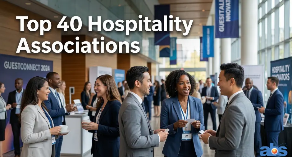 A professional photograph of a diverse group of hoteliers networking at a conference, with a bold text overlay reading "Top 40 Hospitality Associations."