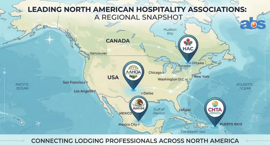 A modern digital infographic map of North American hospitality associations (AHLA, AAHOA, HAC) spanning Canada and the USA, in a blue and green palette.