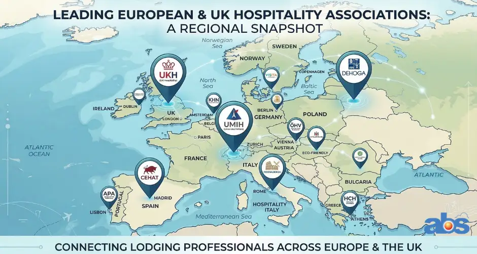 A clean digital infographic map of major European and UK hospitality associations, featuring country-specific pinpoints and logos.