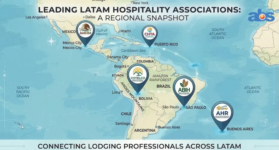A digital vector map of LATAM hospitality associations, showing pins across Mexico, Colombia, Brazil, Argentina, and Puerto Rico in a clean style.