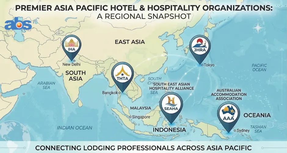 A clean vector-style map of Asia-Pacific hospitality organizations, featuring five regional data pins with logos and network connections.