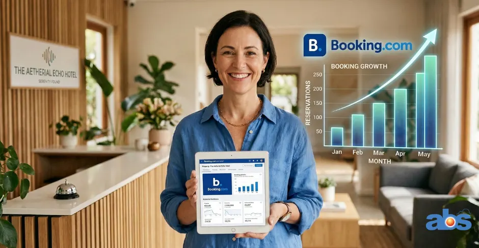 Professional property owner holding a tablet showing a Booking.com listing dashboard with a rising booking growth chart in a modern hotel lobby.