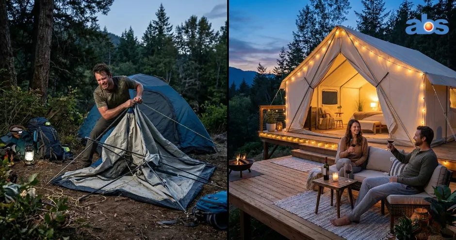 A side-by-side comparison of traditional camping and luxury glamping; one side shows a man struggling with manual tent poles, while the other shows a couple relaxing with wine on a lit deck of a luxury safari tent at twilight.