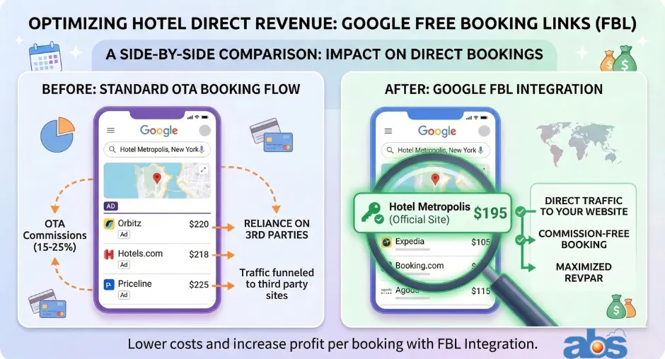 Side-by-side comparison of a standard Google hotel search result next to a zoomed-in view highlighting the 'Official Site' badge of a Google Free Booking Link.
