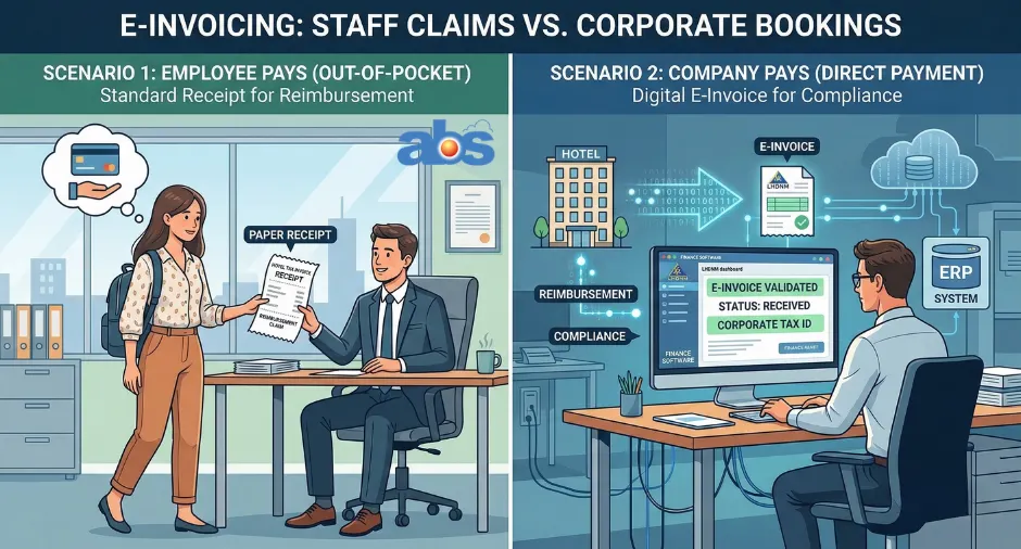 A split-screen illustration comparing hotel staff claims: on the left, an employee submits a paper receipt for out-of-pocket reimbursement; on the right, a digital e-invoice is processed through a corporate finance system for LHDNM compliance.