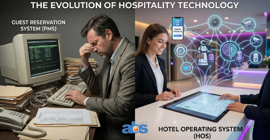 A split-screen comparison showing the evolution from a traditional, siloed Property Management System (PMS) with a frustrated staff member to a modern, interconnected Hotel Operating System (HOS) featuring AI agents, service robots, and a sleek digital dashboard.