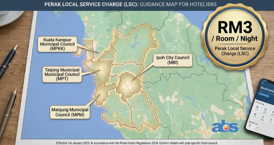 Map of Perak highlighting Ipoh, Manjung, Taiping, and Kuala Kangsar with an RM3 per night service charge badge.