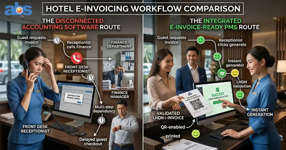 Flowchart comparing hotel e-invoicing workflows: accounting software's delayed multi-step process versus an integrated PMS's instant front-desk generation