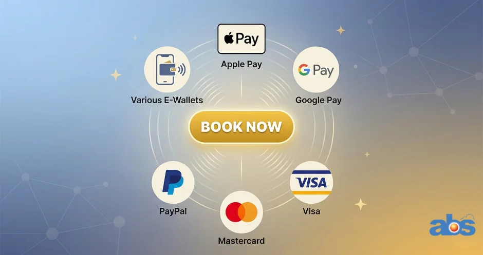 An infographic for a glamping booking system showing Visa, Mastercard, Apple Pay, and local e-wallet icons surrounding a prominent 'Book Now' button to illustrate integrated payment collection.