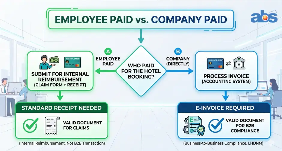 A flowchart titled Employee Paid vs. Company Paid for hotel bookings in Malaysia. Path A shows employee-paid stays requiring only a standard receipt for reimbursement. Path B shows company-paid stays requiring a validated e-invoice for B2B compliance.