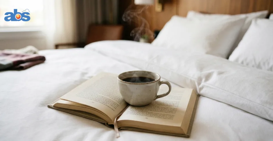Lifestyle hotel photography featuring a steaming cup of coffee and an open book on crisp white bed linens to evoke a sense of guest comfort.