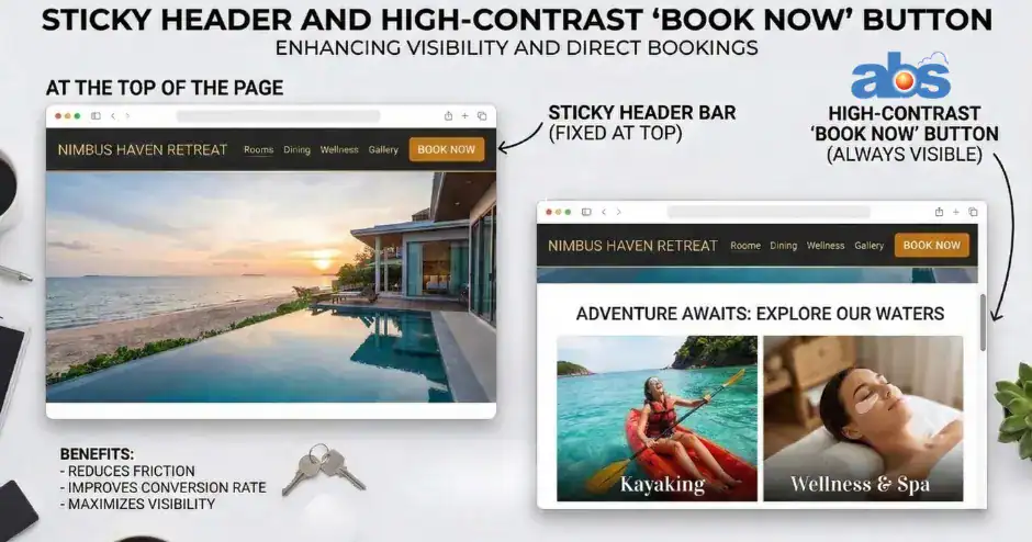 A sleek hotel website mockup demonstrating a sticky header design where a high-contrast "Book Now" button remains fixed and visible at the top of the screen as the user scrolls through the page.