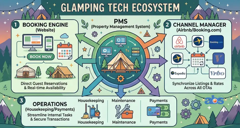 An infographic illustrating a glamping management system ecosystem, showing a central Property Management System (PMS) connecting to a direct booking engine, a channel manager for Airbnb and Booking.com, and back-end operations for housekeeping and payments.
