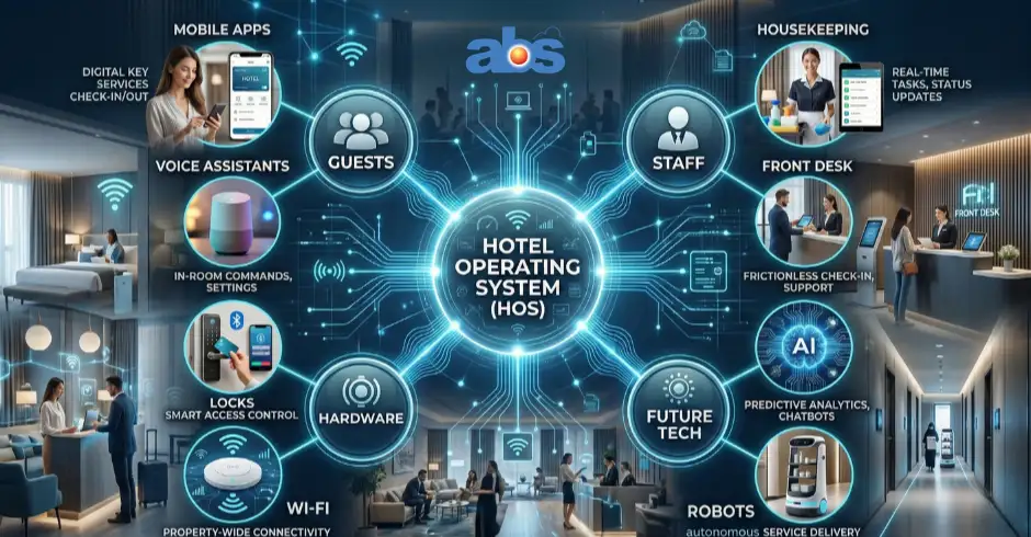 A comprehensive hub-and-spoke infographic of a Hotel Operating System (HOS) acting as a central nervous system, connecting guest mobile apps, staff task management, hardware like smart locks, and future tech like AI and autonomous robots.