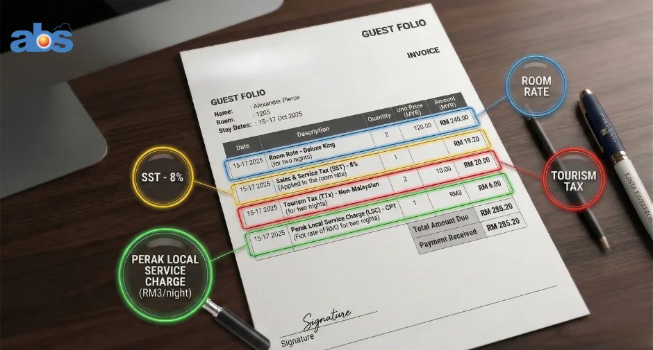 Sample hotel invoice showing separate line items for Room Rate, SST, Tourism Tax, and the RM3 Perak Local Service Charge.