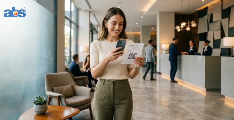 Hotel guest in a modern lobby scanning a QR code on a printed receipt to access self-service e-invoicing in Malaysia.