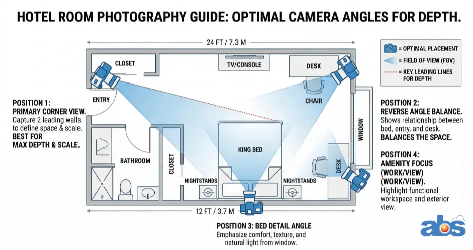 An infographic floor plan of a standard hotel room showing optimal camera angles and placements for capturing maximum depth in property photography.