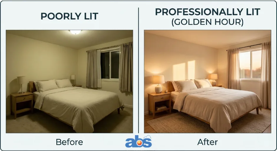 Photography comparison for vacation rentals showing the difference between a poorly lit bedroom and a professionally lit room during golden hour for a Booking.com listing.