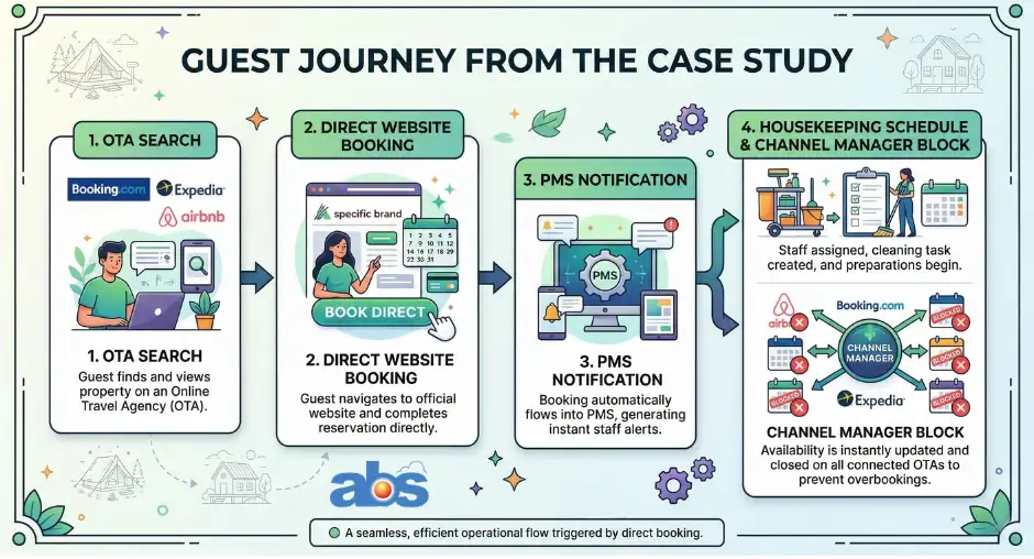 A flowchart of a glamping guest journey starting with an OTA search, leading to a direct website booking, and triggering automated PMS notifications, housekeeping schedules, and channel manager inventory blocks.
