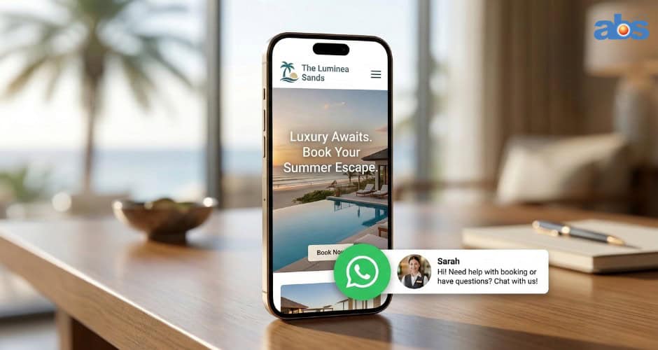 A smartphone mockup displaying a mobile-optimized hotel website with a prominent, friendly WhatsApp chat widget hovering in the bottom right corner to provide instant guest assistance.