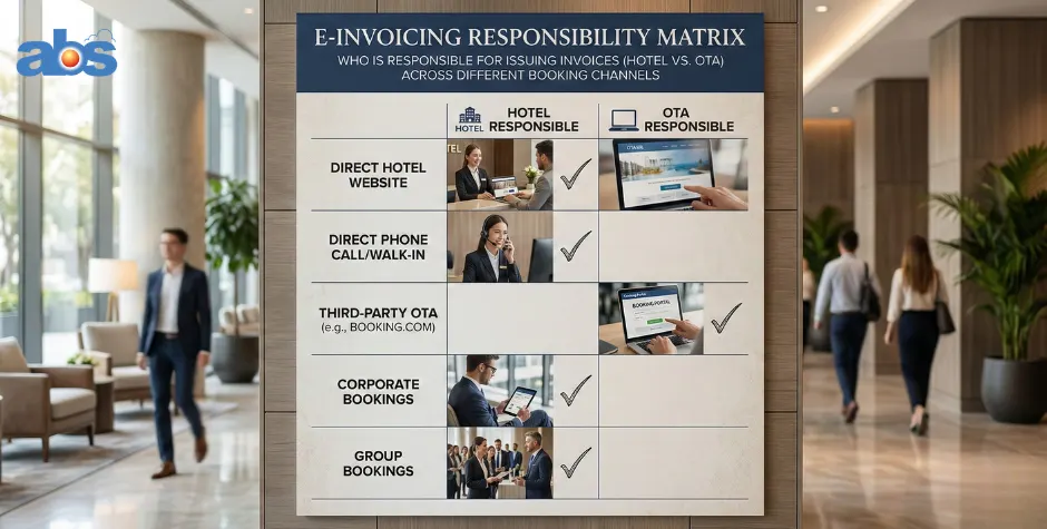 Matrix checklist showing e-invoicing responsibility between hotels and OTAs for direct, corporate, and third-party bookings in Malaysia.