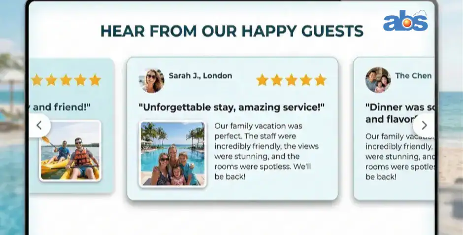 A stylized guest review slider graphic featuring five-star ratings, short positive testimonials, and user-generated photos of happy guests and families enjoying the hotel facilities.