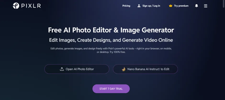 A screenshot of the application Pixlr, displaying its functions as an AI Photo Editor and Image Generator.