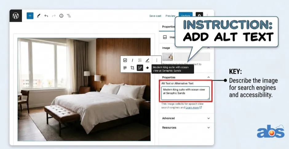 A technical instruction graphic showing how to add SEO alt text for a hotel room image at Seraphic Sands within a website content management system.