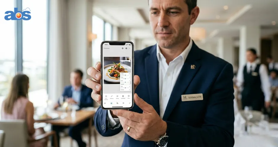 A hotel manager using the Snapseed mobile app on a smartphone to quickly edit a high-quality photo of a gourmet breakfast dish in a hotel dining room.