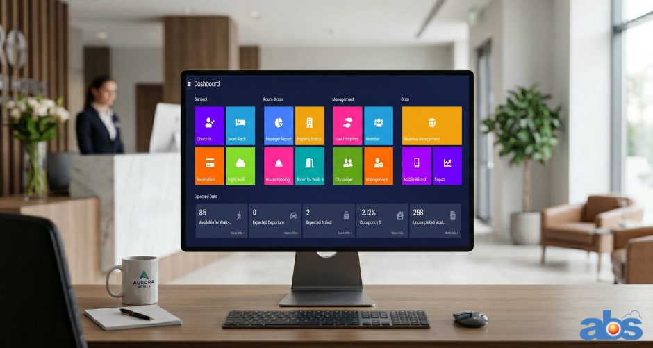 Modern hotel property management system dashboard displaying real-time statuses across multiple categories.