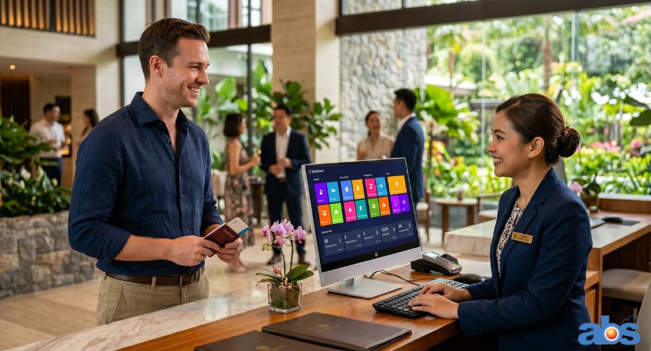 Hotel front desk staff using a modern property management system to efficiently check-in a happy hotel guest.