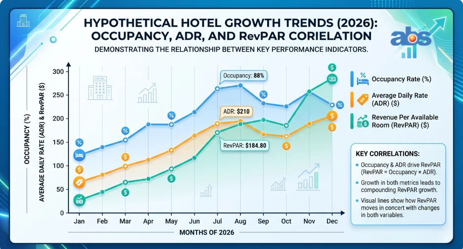 Bar chart comparing hotel Occupancy, ADR, and RevPAR growth over a 2026 timeline.