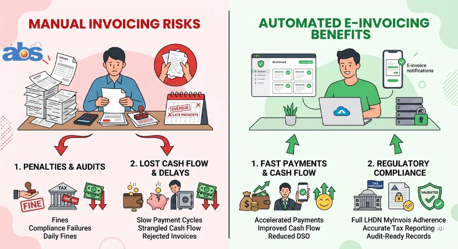 Comparison diagram showing revenue risks of manual hotel invoicing versus the financial benefits of automated LHDN e-invoicing.