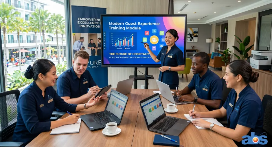 Hotel staff collaborating during a training session, representing work empowerment trends in the future of hospitality.