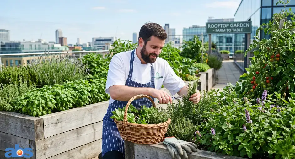 Hotel chef picking fresh herbs from an on-site sustainable garden, highlighting green hospitality trends.