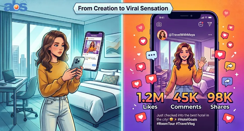 Guest recording a hotel room tour for social media marketing, illustrating new trends in hospitality advertising.