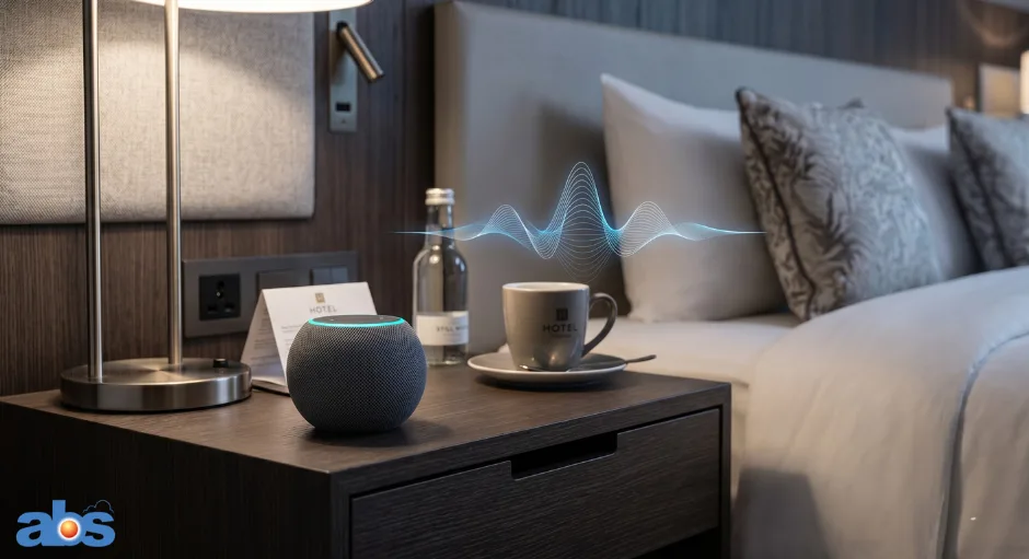 Smart speaker on a hotel nightstand used for voice-controlled room service and lighting.