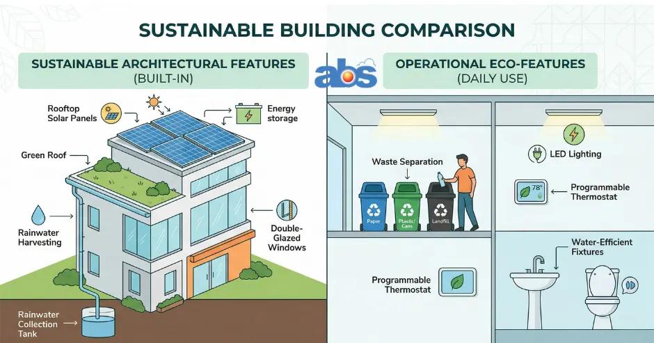 Split-screen graphic comparing sustainable hotel architecture with green operational practices.