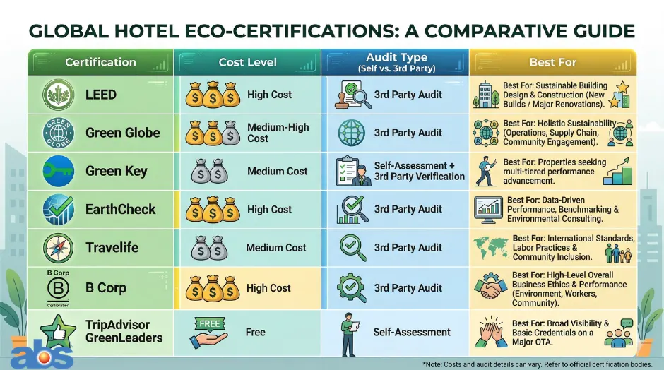Comparative table of global hotel eco-certifications showing costs, audit types, and best-fit property types.